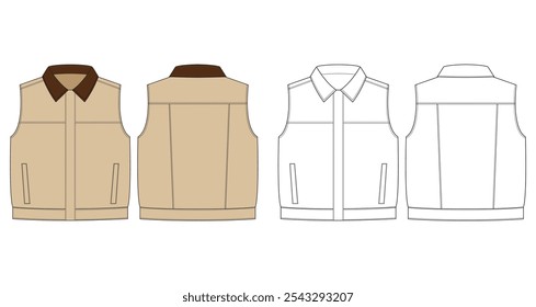 vetor de design plano de jaqueta colete, desenho técnico e modelo de maquete.