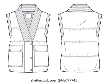 Vest Jacket technical fashion Illustration. Down Jacket Vest fashion flat technical drawing template, patch pocket, button, sleeveless, front and back view, white, rib, women, men, unisex CAD mockup.