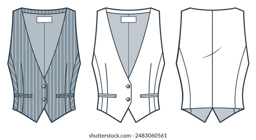 Vest Jacket technical fashion illustration, striped pattern. Classic Vest fashion flat technical drawing template, v-neck, sleeveless, front, back view, white, gray, women, men, unisex CAD mockup set.