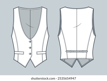 Vest Jacket technical fashion Illustration. Sleeveless  Denim Jacket fashion flat technical drawing template, buttons, pockets, back buckle, front and back view, white, women, men, unisex CAD mockup.