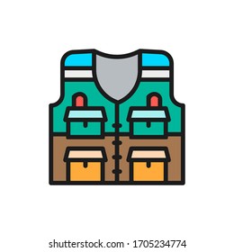Vest with pockets, fishing jacket flat color line icon.