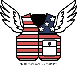 A vest with a red, white and blue striped pattern and wings on it. The wings are on the left side of the vest and the stars are on the right side