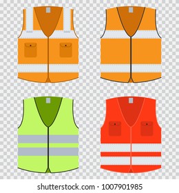 Vest safety vector flat set. Construction jacket of orange, red and light green with reflective stripes. Uniforms isolated on a transparent background.