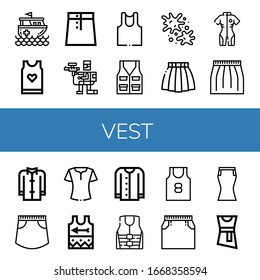 vest simple icons set. Contains such icons as Rescue boat, Tank top, Skirt, Paintball, Undershirt, Vest, Neoprene, Coat, Blouse, Singlet, can be used for web, mobile and logo