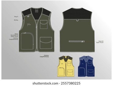 VEST STREET WEAR, CARGO POCKET ZIPPER WITH COMBINATION MESH VECTOR