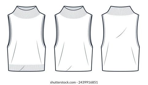 Weste Pullover technische Mode-Illustration. Strickweste Top Mode flache technische Zeichnungsvorlage, Rollhals, ärmellos, Vorder- und Rückansicht, weiß, Frauen, Männer, Unisex CAD Mockup Set.