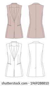 Vest in vector graphic.
Women fitted vest with button, collar and pockets.
Flat drawing technical sketch.
Fashion isolated illustration template.Front and back views.