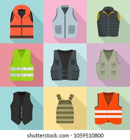 Iconos de chaqueta de chaleco de chaleco de chaleco. Ilustración plana de 9 vestuarios de chaqueta de chaleco para vectores para web