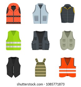 Vest waistcoat jacket suit icons set. Flat illustration of 9 vest waistcoat jacket suit vector icons isolated on white
