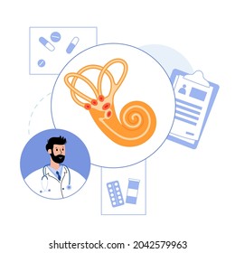 Vestibular apparatus examination. Ear nose throat doctor. Ent medical center. Otolaryngology clinic concept. Doctor otolaryngologist. Deafness treatment. Checkup of human body flat vector illustration