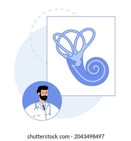 Vestibular apparatus examination. Ear nose throat doctor. Ent medical center. Otolaryngology clinic concept. Doctor otolaryngologist. Deafness treatment. Checkup of human body flat vector illustration