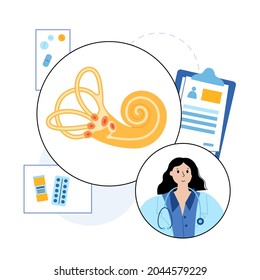 Vestibular apparatus examination. Ear nose throat doctor. Ent medical center. Otolaryngology clinic concept. Doctor otolaryngologist. Deafness treatment. Checkup of human body flat vector illustration