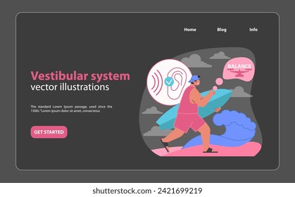 Vestibular system illustration. A man engaging with balance, showcasing the ear's role in maintaining equilibrium. Navigating the sense of orientation. Flat vector illustration.