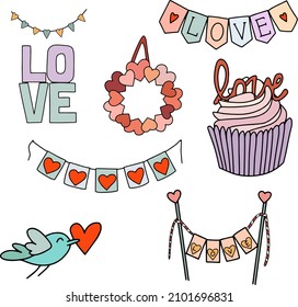 Vestor icons for Valentine's Day. Cupcakes, flags, hearts, love