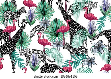 Vestor seamless pattern with african  animals, flowers and abstract tropical leaves. Trendy style.
