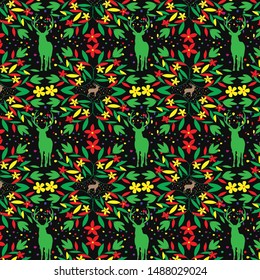 Vestor seamless pattern with deers and tropical leaves. Trendy style. - Vector