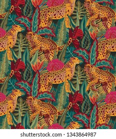 Vestor seamless pattern with jaguars, tropical leaves and flowers. Colorful endless trendy background
