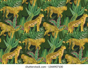 Vestor seamless pattern with jaguars, tropical leaves and plants. Colorful endless trendy background