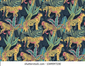 Vestor seamless pattern with jaguars, tropical leaves and plants. Colorful endless trendy background