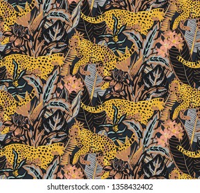 Vestor seamless pattern with jaguars, tropical leaves and flowers. Colorful endless trendy background