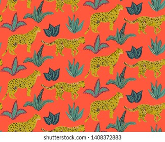 Vestor seamless pattern with jaguars, tropical leaves and plants. Colorful endless trendy background