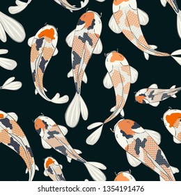 Vestor seamless pattern with karps Koi on dark blue background