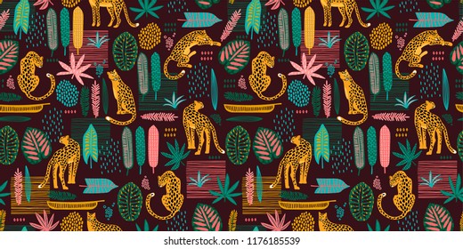 Vestor seamless pattern with leopards and abstract tropical leaves. Trendy style.