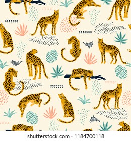 Vestor seamless pattern with leopards and abstract tropical leaves. Trendy style.