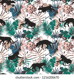 Vestor seamless pattern with leopards and abstract tropical leaves. Trendy style.