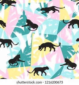 Vestor seamless pattern with leopards and abstract tropical leaves. Trendy style.