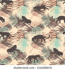 Vestor seamless pattern with leopards and abstract tropical leaves. Trendy style.