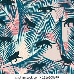 Vestor seamless pattern with leopards and abstract tropical leaves. Trendy style.
