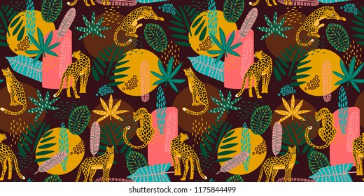 Vestor seamless pattern with leopards and tropical leaves. Trendy style. Vestor seamless pattern with leopards and tropical leaves. Trendy style.