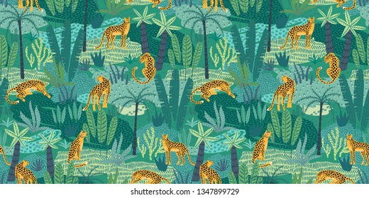 Vestor seamless pattern with leopards and tropical leaves. Trendy style.