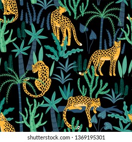 Vestor seamless pattern with leopards and tropical leaves. Trendy style.