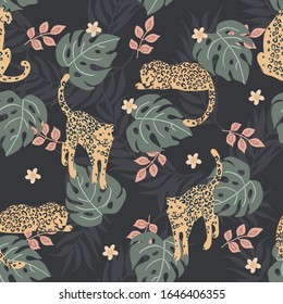 Vestor seamless pattern with leopards and tropical leaves on black background.