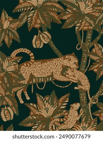 Vestor, seamless pattern,  leopards and tropical leaves,jungle,wild life,