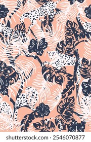 Vestor, seamless pattern, leopards and tropical leaves,jungle,wild life,