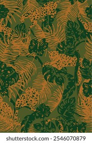 Vestor, seamless pattern, leopards and tropical leaves,jungle,wild life,