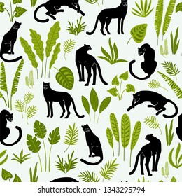 Vestor seamless pattern with panthers and tropical leaves. Trendy style.