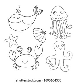 Vestor set of the cute marine animals: jellyfish, crab, sea star, shell, whale, octopus. Cute drawing perfect for coloring book or page for kids and adults.