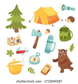 vestor set of objects related to camping, isolated background