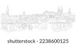 Veszprém, Veszprem Hungarian city landscape with the castle, university, basilica and church.
Vector illustration background in hand drawn design with black line art on white.