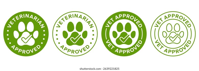 Vet approved icon set. Veterinary diet, Veterinarian  approved label, logo, badge, round, circle, green, symbol, line, flat vector, isolated on white background. Footprint animal. Pet friendly icons.