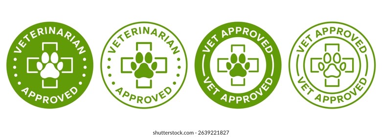 Vet approved icon set. Veterinary diet, Veterinarian  approved label, logo, badge, round, circle, green, symbol, line, flat vector, isolated on white background. Footprint animal. Pet friendly icons.