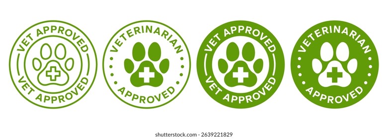 Vet approved icon set. Veterinary diet, Veterinarian  approved label, logo, badge, round, circle, green, symbol, line, flat vector, isolated on white background. Footprint animal. Pet friendly icons.