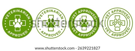 Vet approved icon set. Veterinary diet, Veterinarian  approved label, logo, badge, round, circle, green, symbol, line, flat vector, isolated on white background. Footprint animal. Pet friendly icons.