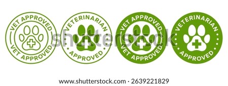 Vet approved icon set. Veterinary diet, Veterinarian  approved label, logo, badge, round, circle, green, symbol, line, flat vector, isolated on white background. Footprint animal. Pet friendly icons.