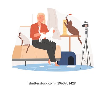 Vet blogger sitting in front of camera with cats and recording video blog about animals, pets. Zoopsychologist creating content for vlog. Colored flat vector illustration isolated on white background