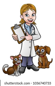 A Vet Cartoon Character With Pet Cat And Dog Animals Holding Clipboard And Pointing At It